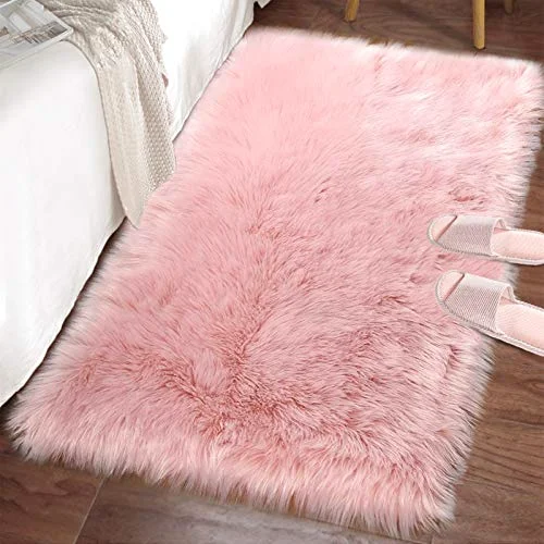 LOCHAS Faux Fur Bedside Rug 2 × 3 ft, Pink