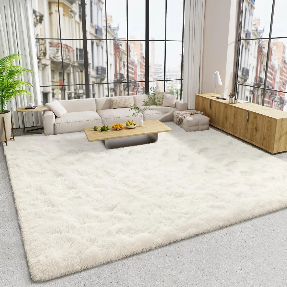 LOCHAS Fluffy Shag Area Rug 10 × 14 ft, Cream