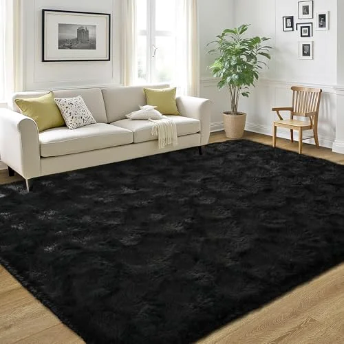 LOCHAS Fluffy Shag Area Rug 4 × 5.3 ft, Black