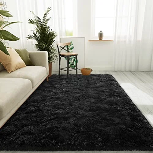 LOCHAS Fluffy Shag Area Rug 5 × 8 ft, Black