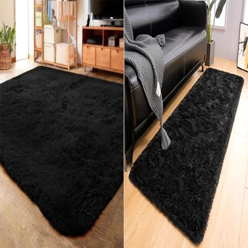 LOCHAS Shag Rug and Runner Set (2 pc) 3 × 5 + 2 × 4 ft, Black