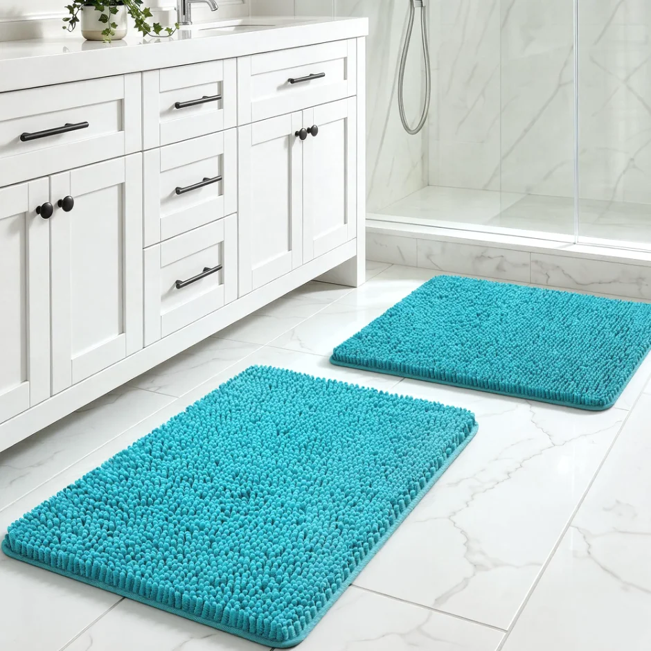 LOCHAS Chenille Bath Rug Set (2 pc) 24 × 17 in, Teal Blue