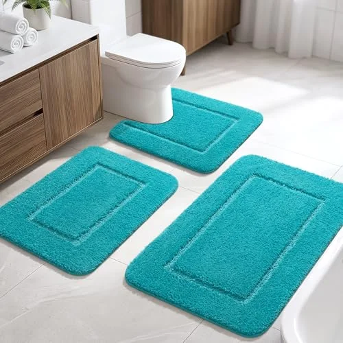 LOCHAS Chenille Bath Rug Set (3 pc), Teal Blue