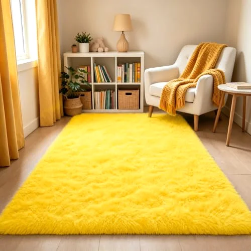 LOCHAS Fluffy Shag Area Rug 3 × 5 ft, Yellow