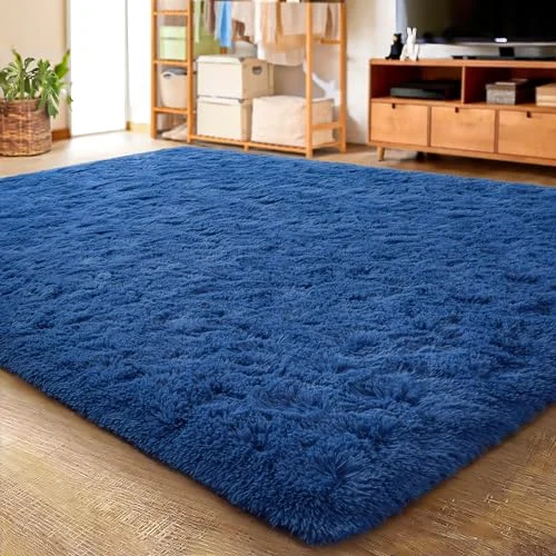LOCHAS Fluffy Shag Area Rug 4 × 5.3 ft, Light Navy