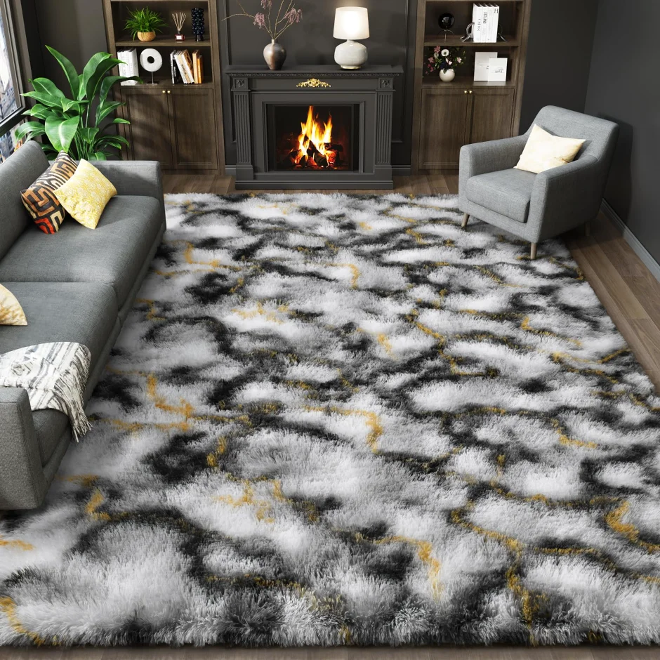 LOCHAS Fluffy Shag Area Rug 8 × 10 ft, Grey-Gold