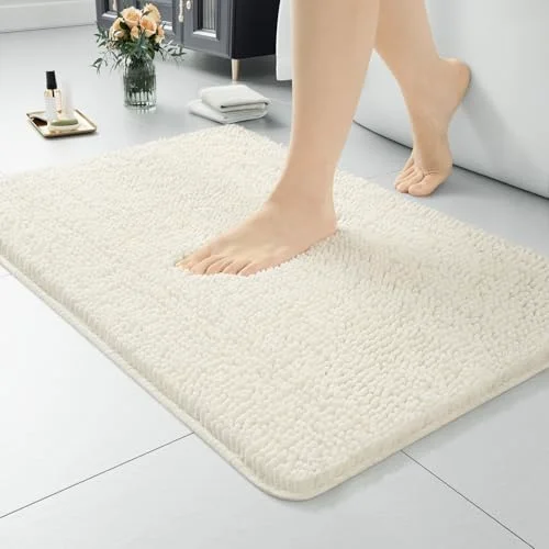 LOCHAS Luxury Chenille Bath Mat 24 × 17 in, Cream White