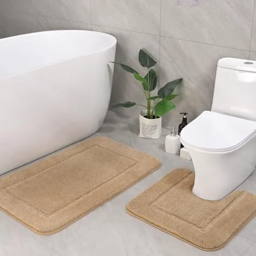 LOCHAS Chenille Bath Rug Set (2 pc) 20 × 20 + 34 × 21 in, Beige