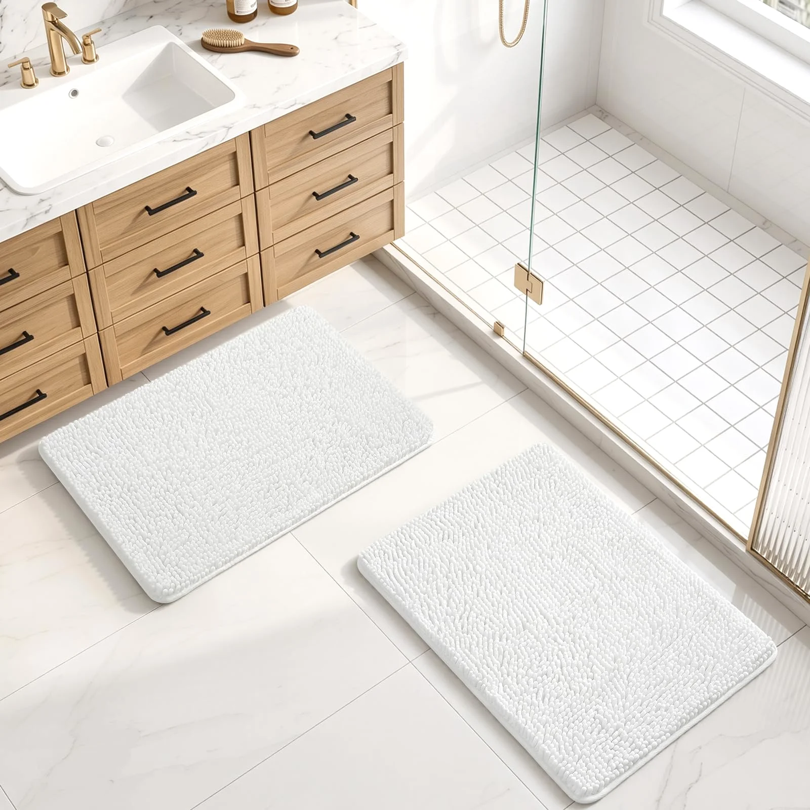 A white LOCHAS bath rug set in a tiled bathroom
