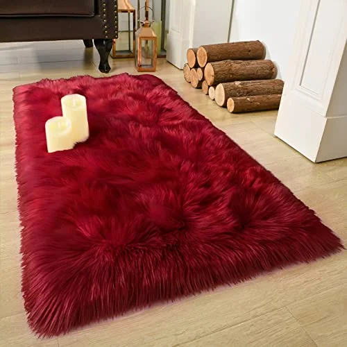 LOCHAS Faux Fur Bedside Rug 2 × 4 ft, Red