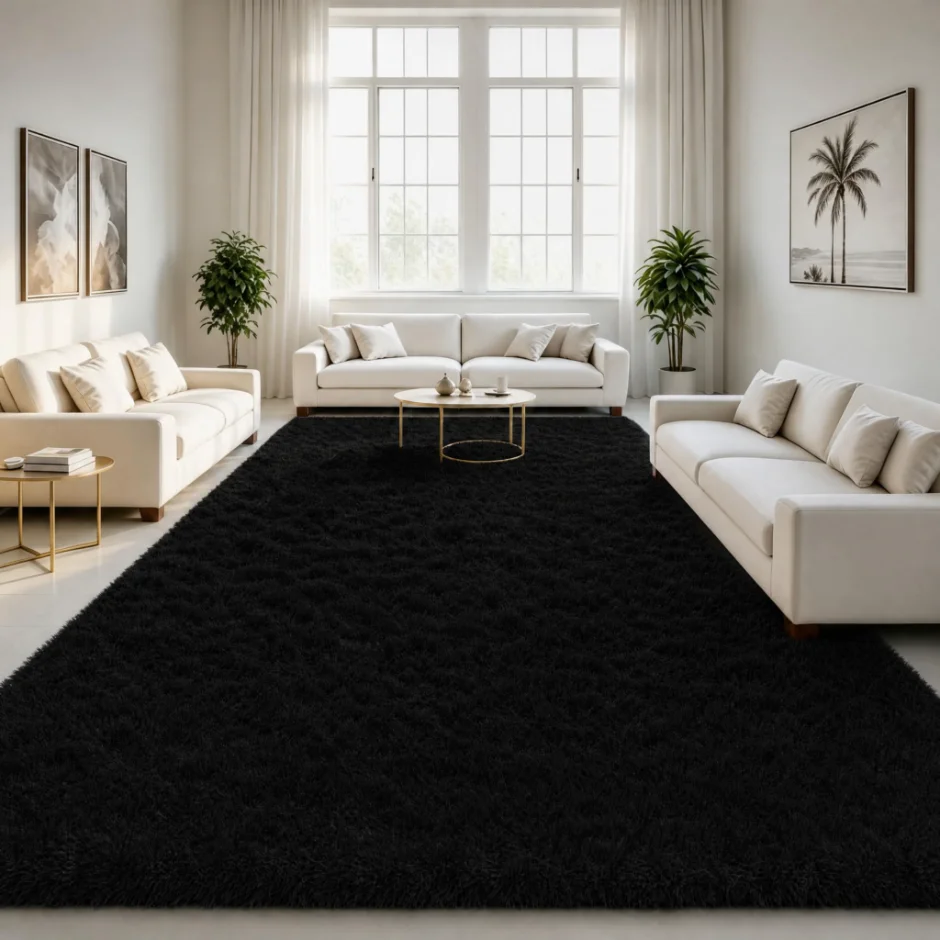 LOCHAS Fluffy Shag Area Rug 8 × 10 ft, Black