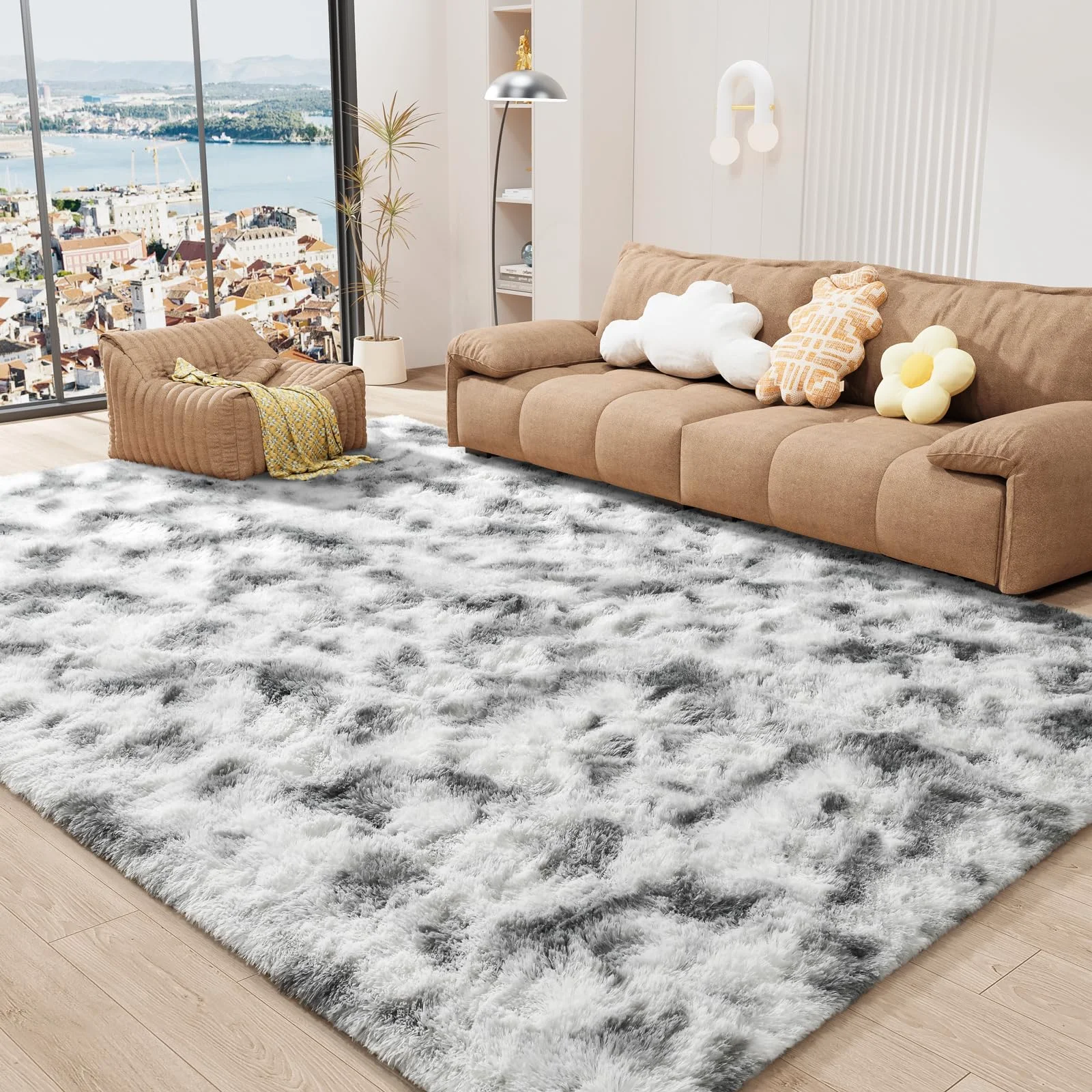 LOCHAS Tie-Dyed Shag Rug 8 × 10 ft, Grey & White