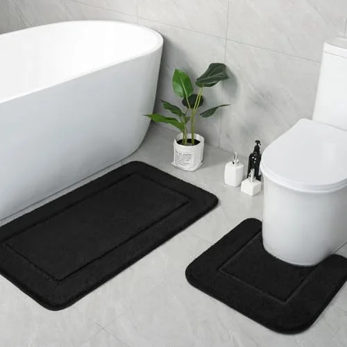 LOCHAS Chenille Bath Rug Set (2 pc) 20 × 20 + 34 × 21 in, Black