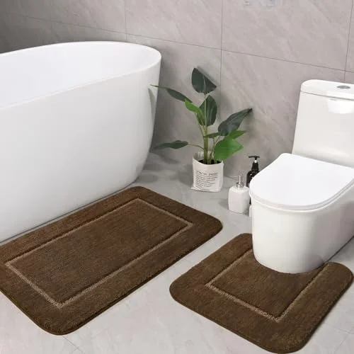 LOCHAS Chenille Bath Rug Set (2 pc) 20 × 20 + 34 × 21 in, Light Brown