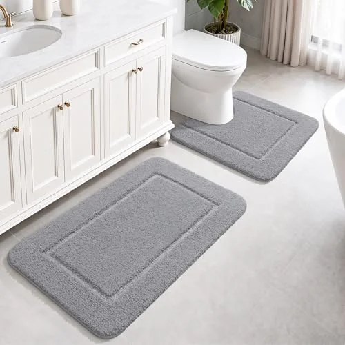 LOCHAS Chenille Bath Rug Set (2 pc) 24 × 24 + 34 × 21 in, Light Grey