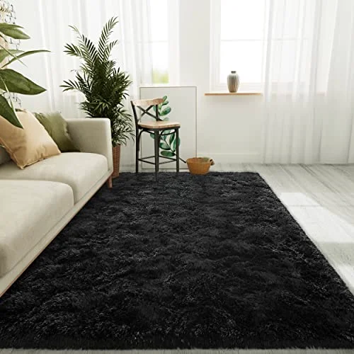 LOCHAS Fluffy Shag Area Rug 4 × 6 ft, Black