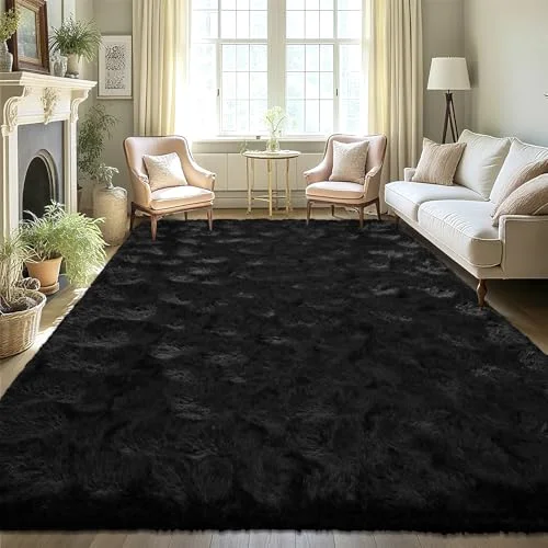 LOCHAS Fluffy Shag Area Rug 6 × 9 ft, Black