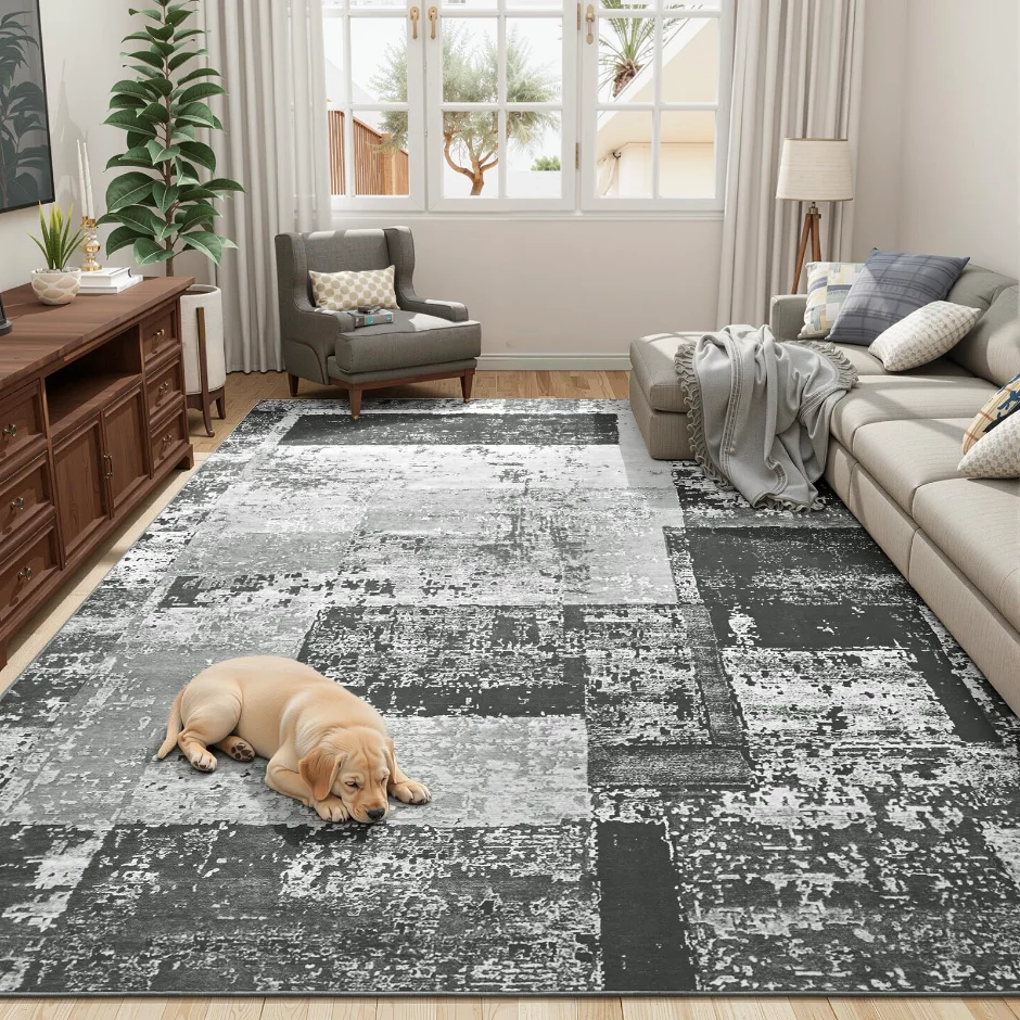 LOCHAS Washable Living Room Rug 6 × 9 ft, Black Grey