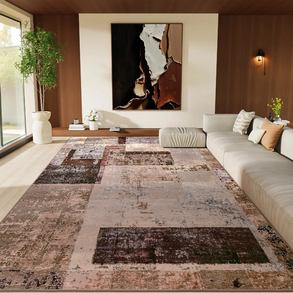 LOCHAS Washable Living Room Rug 6 × 9 ft, Brown Pink