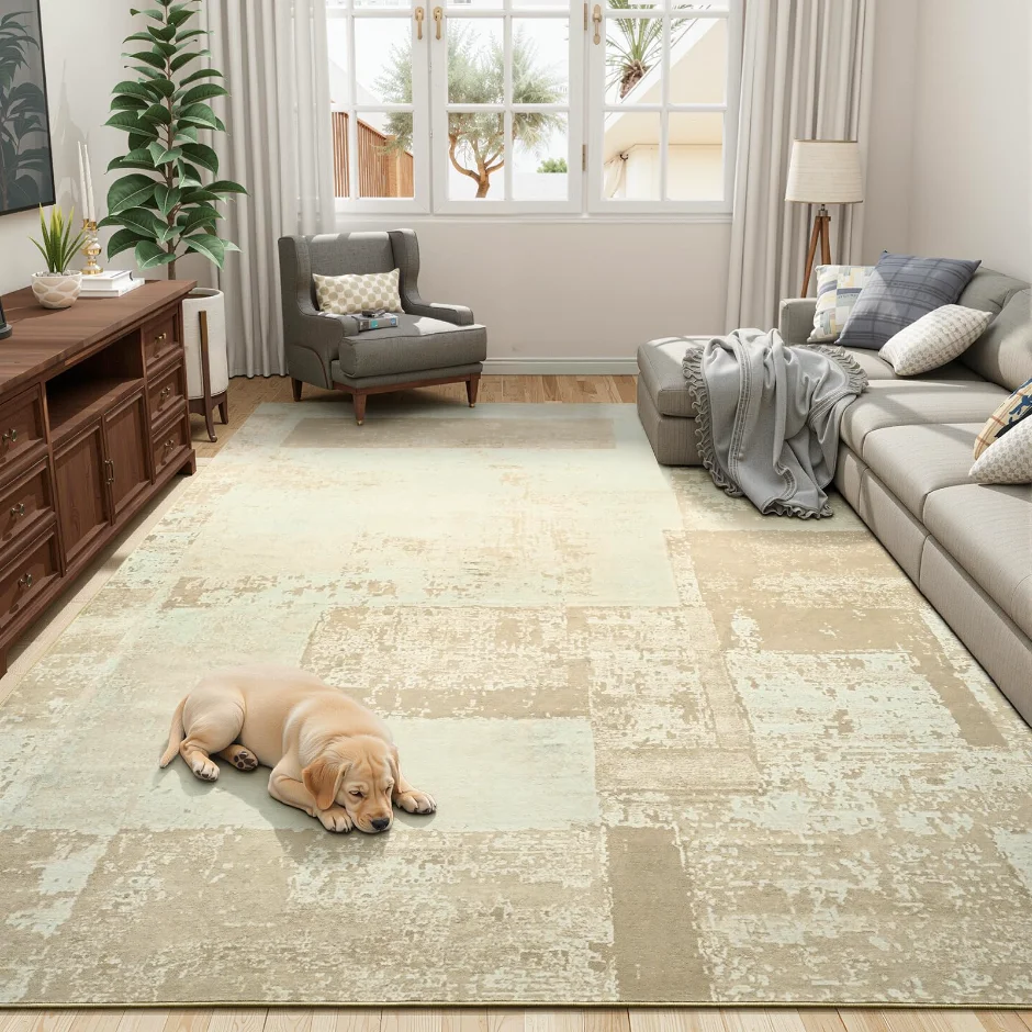 LOCHAS Washable Living Room Rug 6 × 9 ft, Ivory Beige