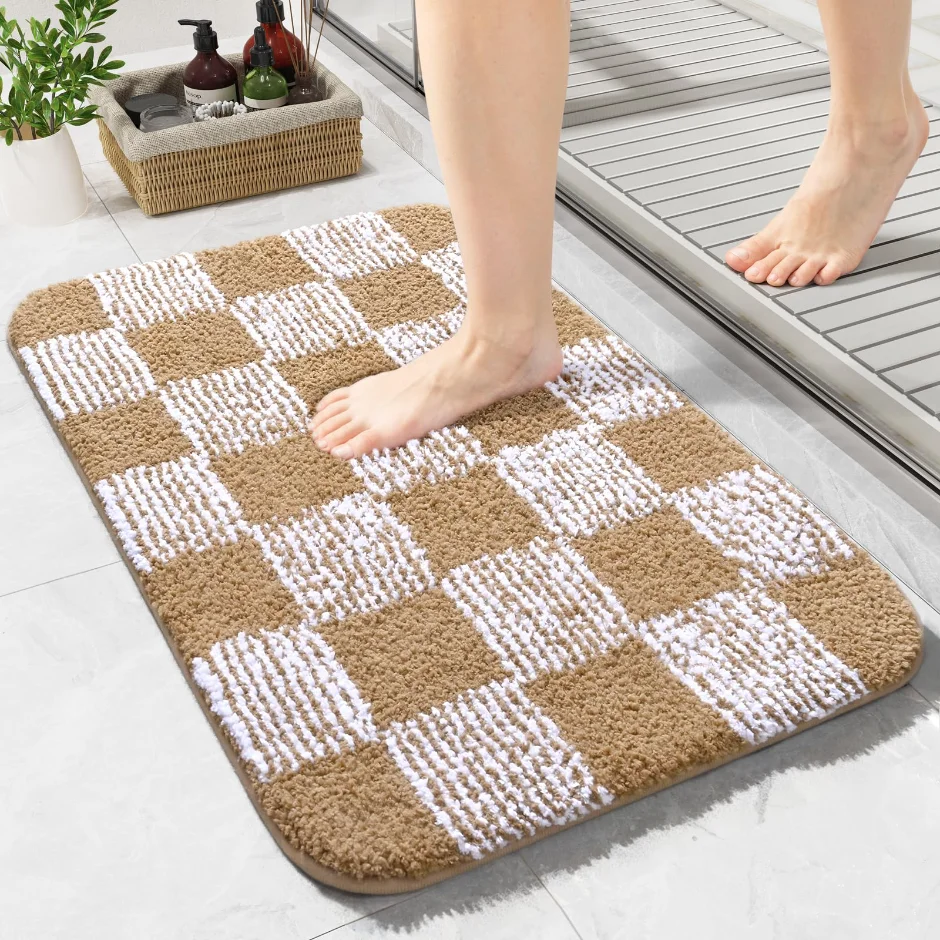 LOCHAS Checkered Bath Mat 24 × 17 in, Brown