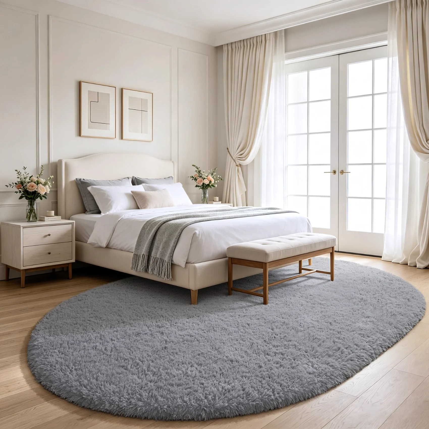 The oval in a bedroom, sized so both sides of the bed land on softness.