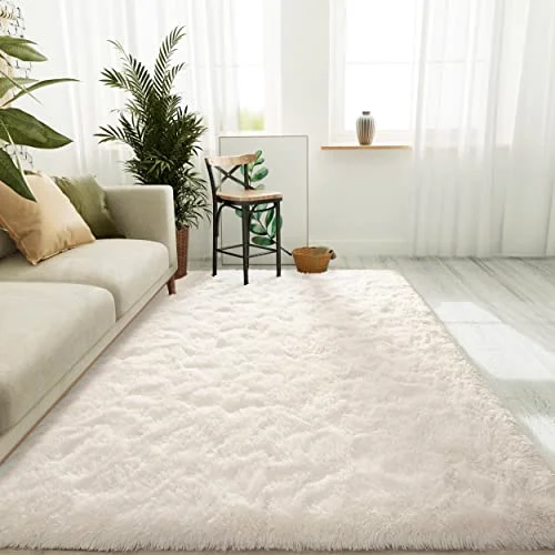 LOCHAS Fluffy Shag Area Rug 5 × 8 ft, Cream