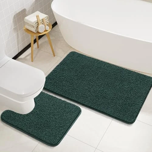 LOCHAS Chenille Bath Rug Set (2 pc) 20 × 20 + 34 × 21 in, Hunter Green