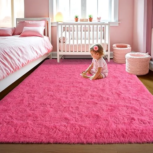 LOCHAS Fluffy Shag Area Rug 4 × 5.3 ft, Hot Pink