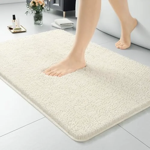 LOCHAS Luxury Chenille Bath Mat 24 × 36 in, Cream White