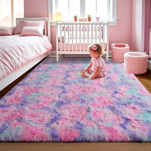 LOCHAS Rainbow Kids Rug 5 × 8 ft, Pink/Purple
