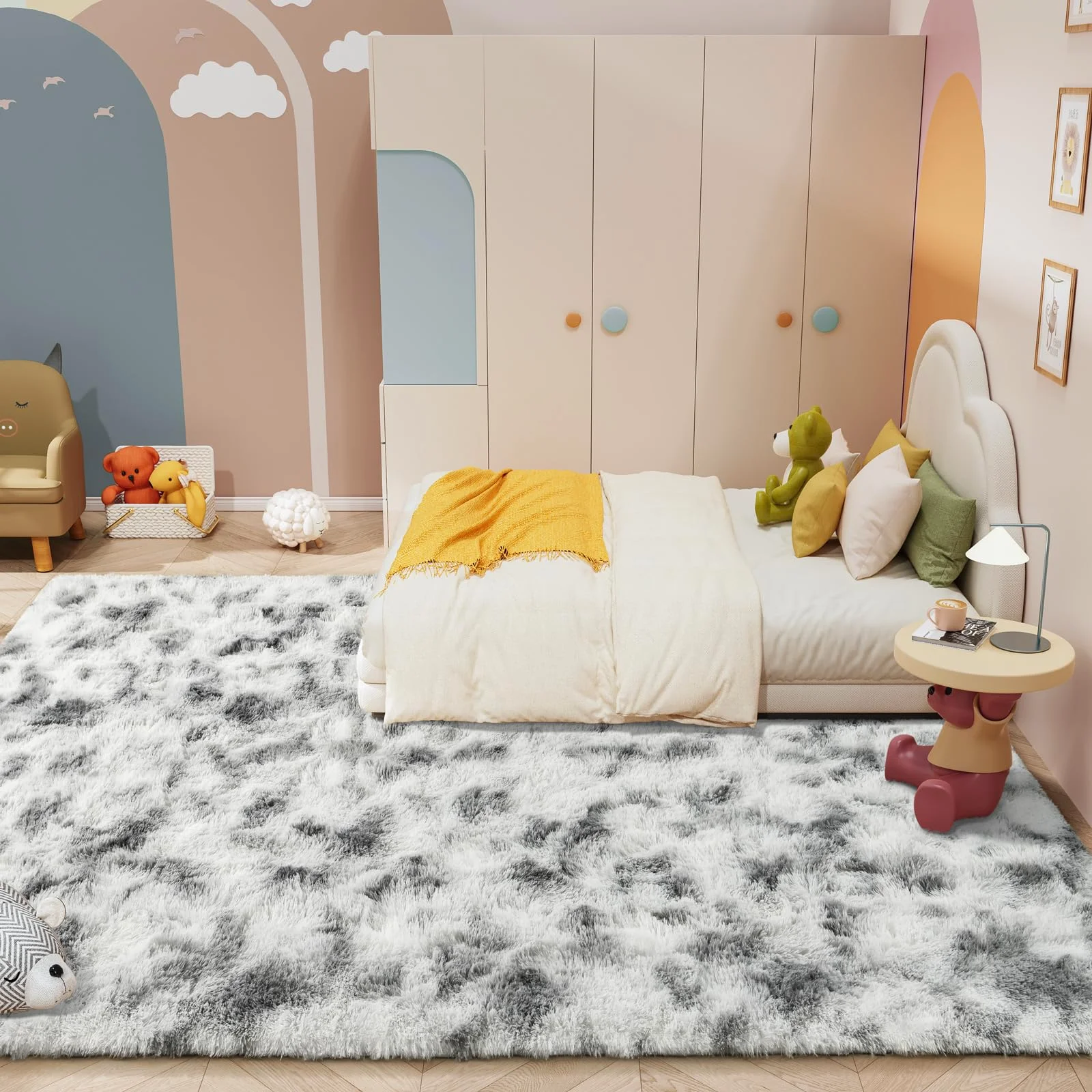 A child's room where the rug is the seating: 1.77 inches of pile underneath.