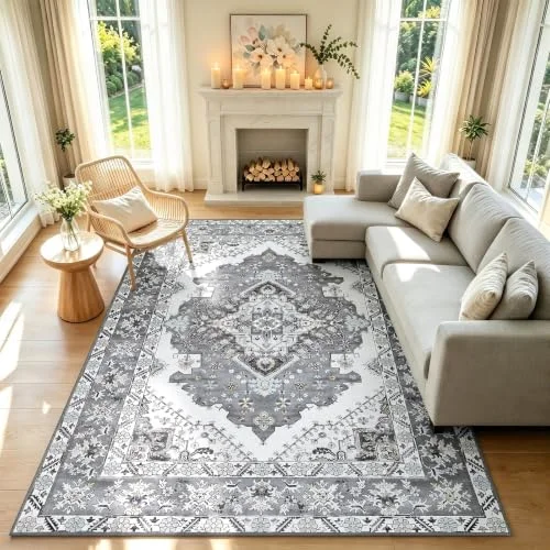 LOCHAS Washable Living Room Rug 5 × 7 ft, Grey