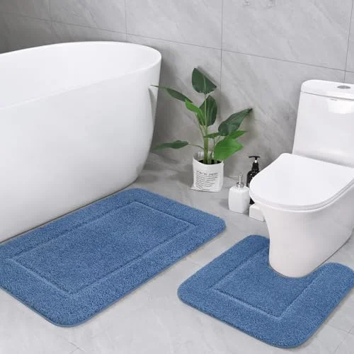 LOCHAS Chenille Bath Rug Set (2 pc) 20 × 20 + 34 × 21 in, Blue