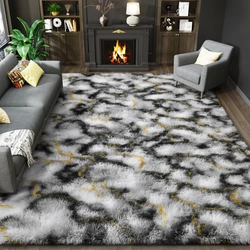 LOCHAS Fluffy Shag Area Rug 4 × 6 ft, Grey-Gold