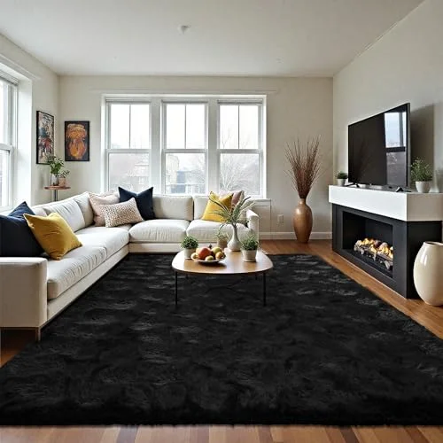 LOCHAS Fluffy Shag Area Rug 5.3 × 7.5 ft, Black