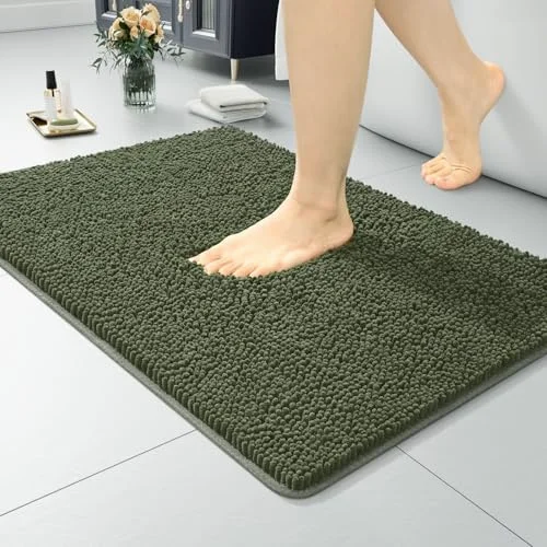 LOCHAS Luxury Chenille Bath Mat 24 × 17 in, Olive Green