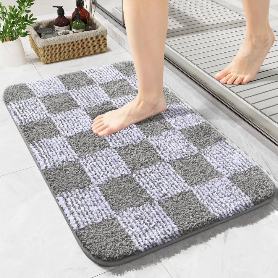LOCHAS Checkered Bath Mat 24 × 17 in, Grey