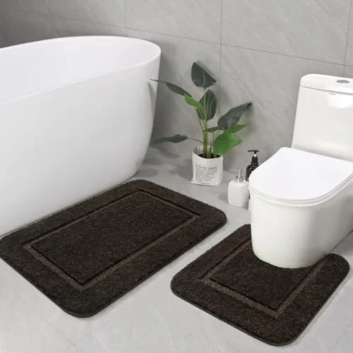 LOCHAS Chenille Bath Rug Set (2 pc) 20 × 20 + 34 × 21 in, Brown