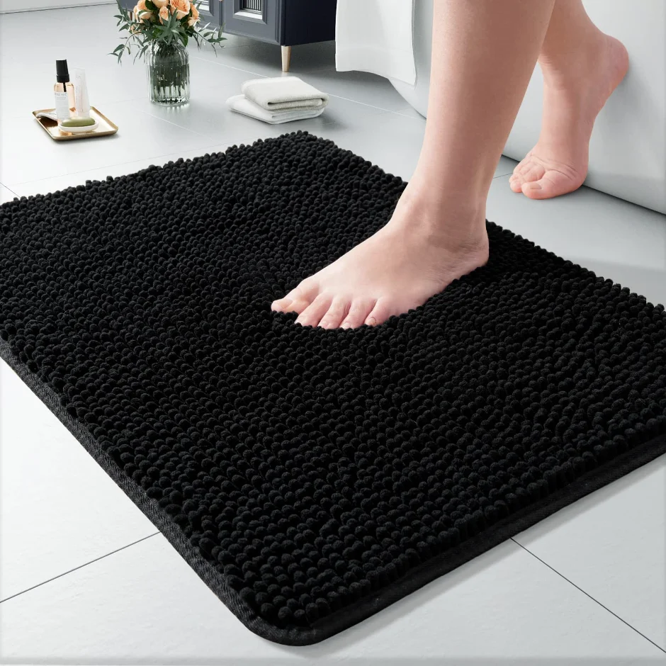 LOCHAS Luxury Chenille Bath Mat 24 × 17 in, Black