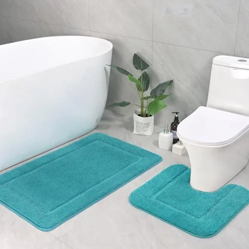 LOCHAS Chenille Bath Rug Set (2 pc) 20 × 20 + 34 × 21 in, Teal Blue