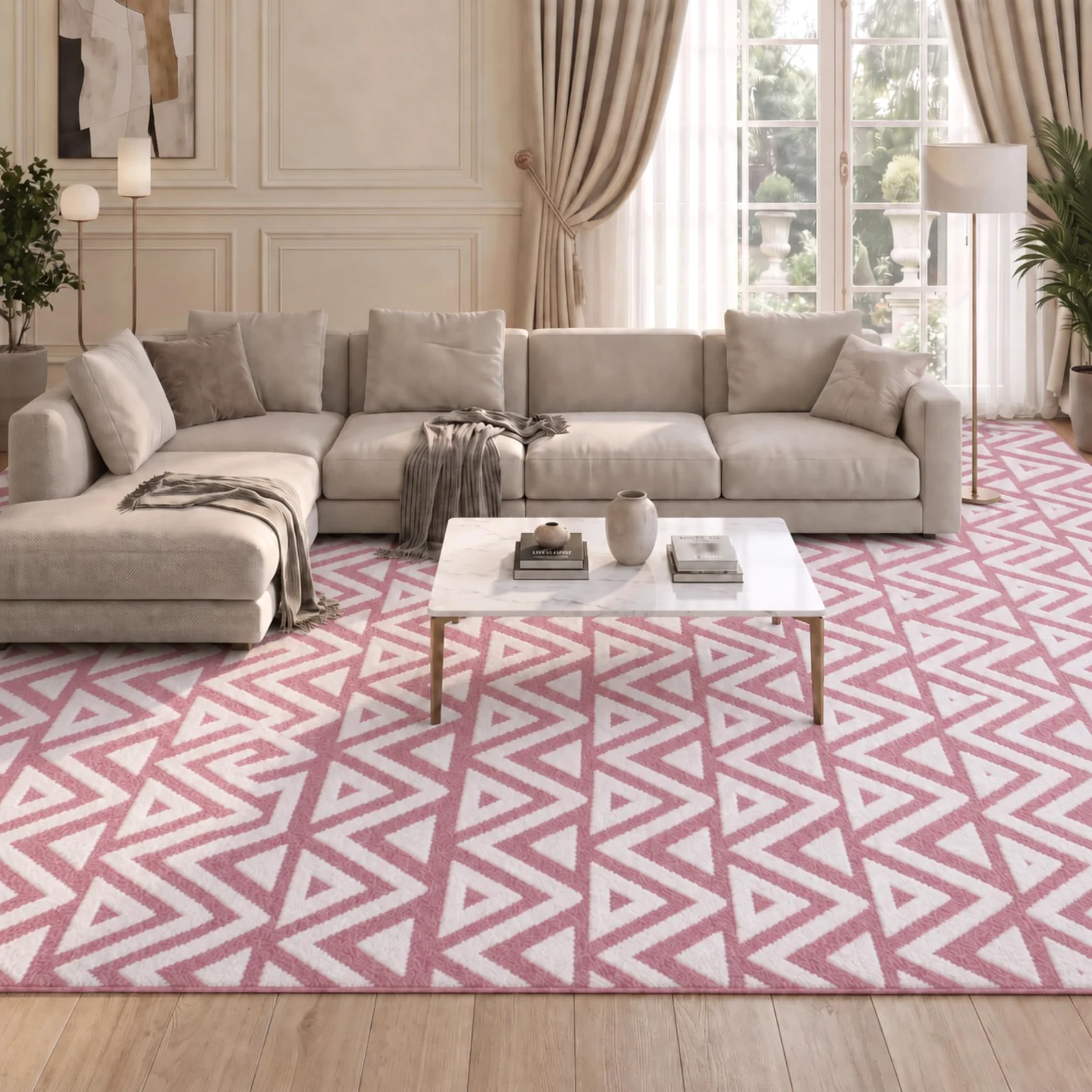 The pink chevron rug in a south-facing sitting room, where the pile lifts the light.