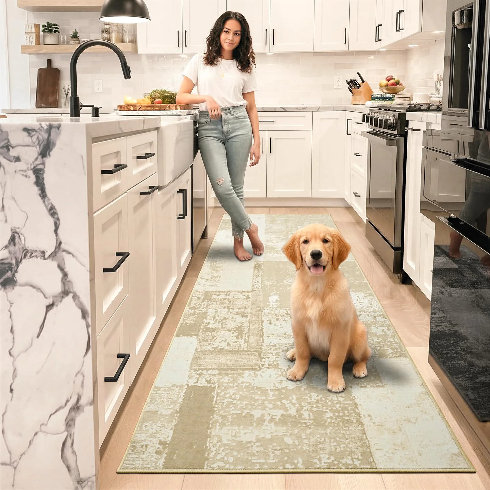 Ivory runner down a galley kitchen, thin enough for the dishwasher door.