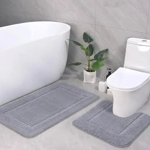 LOCHAS Chenille Bath Rug Set (2 pc) 20 × 20 + 34 × 21 in, Light Grey