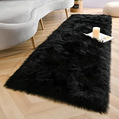 LOCHAS Faux Fur Bedside Rug 2 × 5 ft, Black