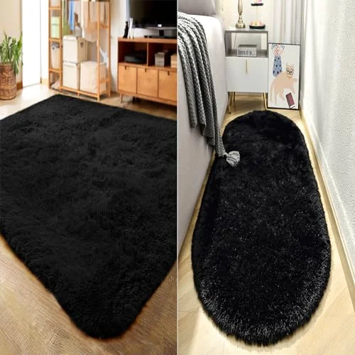 LOCHAS Shag Rug and Runner Set (2 pc) 4 × 5.3 + 2.6 × 5.3 ft, Black
