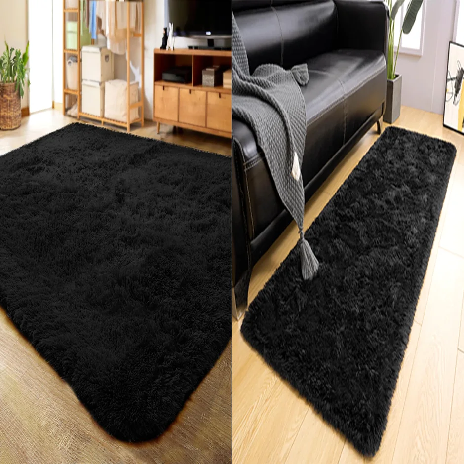 LOCHAS Shag Rug and Runner Set (2 pc) 5.3 × 7.5 + 2 × 8 ft, Black
