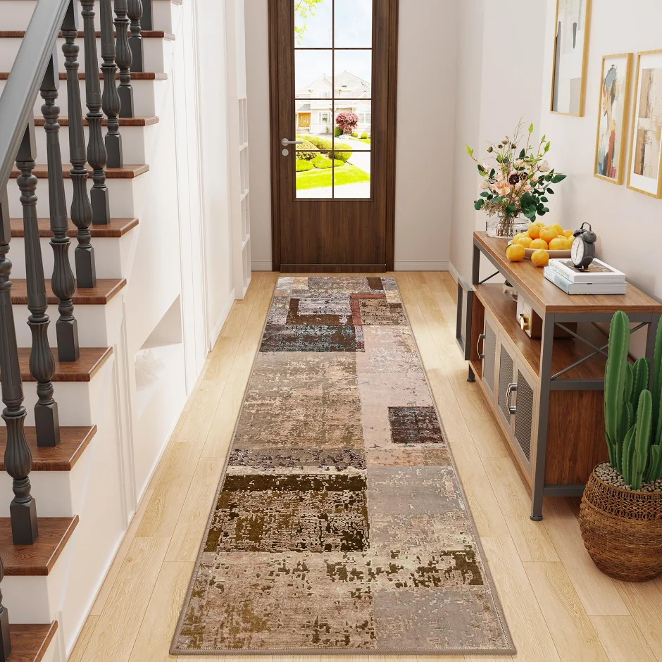 LOCHAS Washable Hallway Runner 2 × 8 ft, Brown Pink