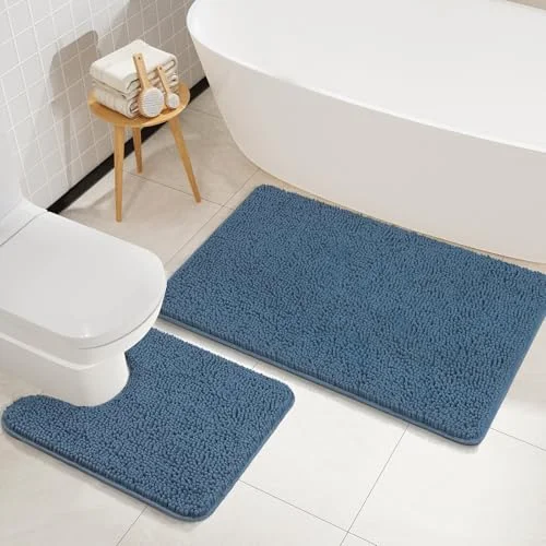 LOCHAS Chenille Bath Rug Set (2 pc) 20 × 20 + 34 × 21 in, Denim Blue