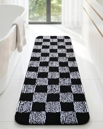LOCHAS Checkered Bath Mat 48 × 17 in, Black